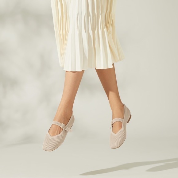 VIVAIA Shoes - Vivaia Mary Jane Knit Flats Square Toe Buckle Strap Beige Shoes EU/39.5 US/8.5